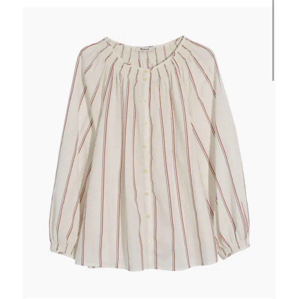 Madewell Blouse Womens 2XL Ivory Striped Swiss Dot Smocked Boho Henley - Picture 2 of 8